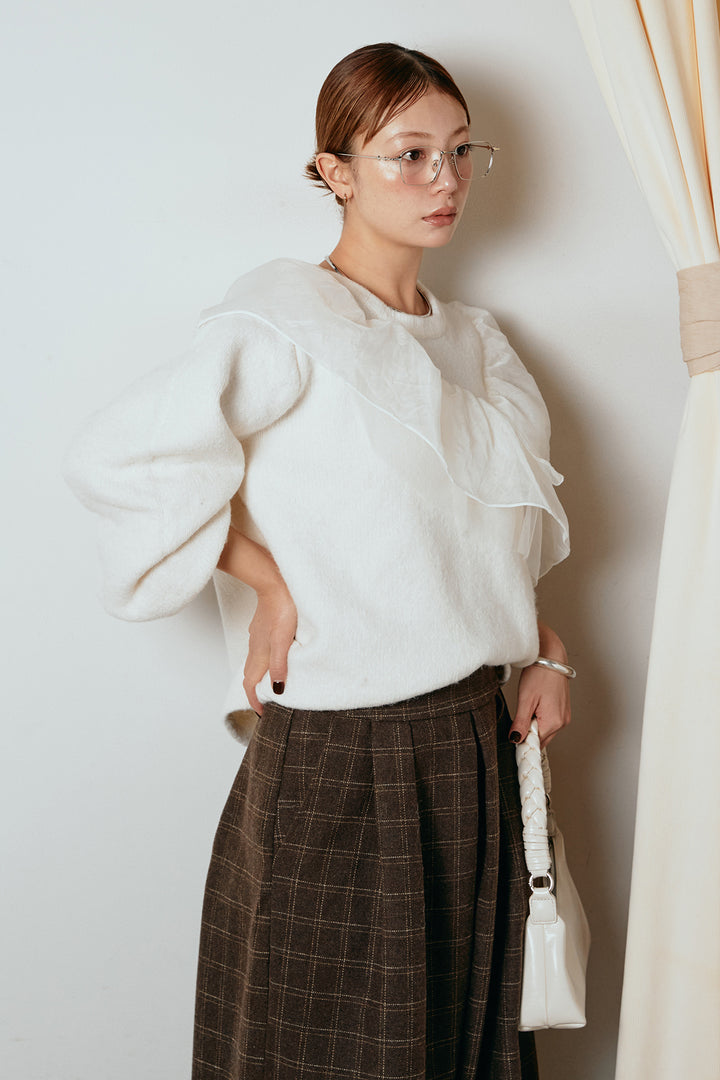 [SET]アシンメトリーフリルニットトップス+ウールライクチェックタックパンツ(2set)