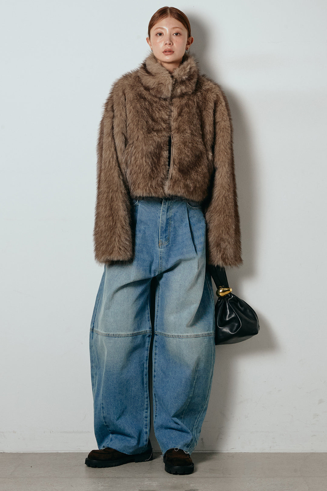 [SET]エコファーショート丈ブルゾン+加工デニムタックコクーンワイドパンツ(2set)