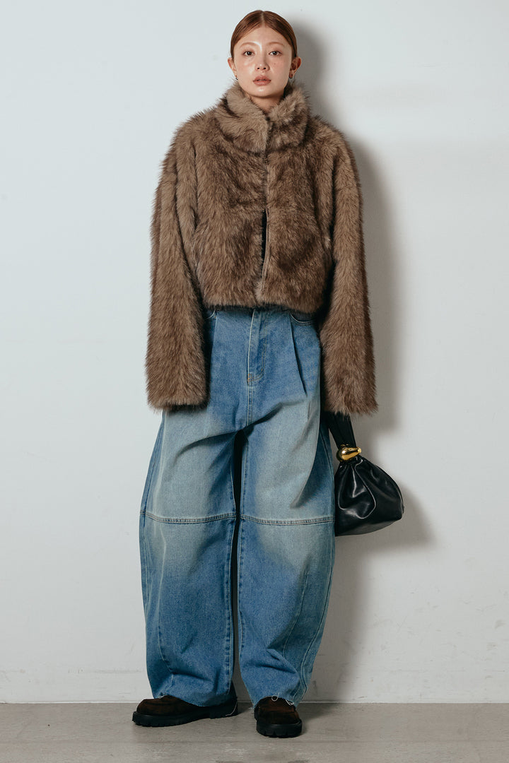 [SET]エコファーショート丈ブルゾン+加工デニムタックコクーンワイドパンツ(2set)