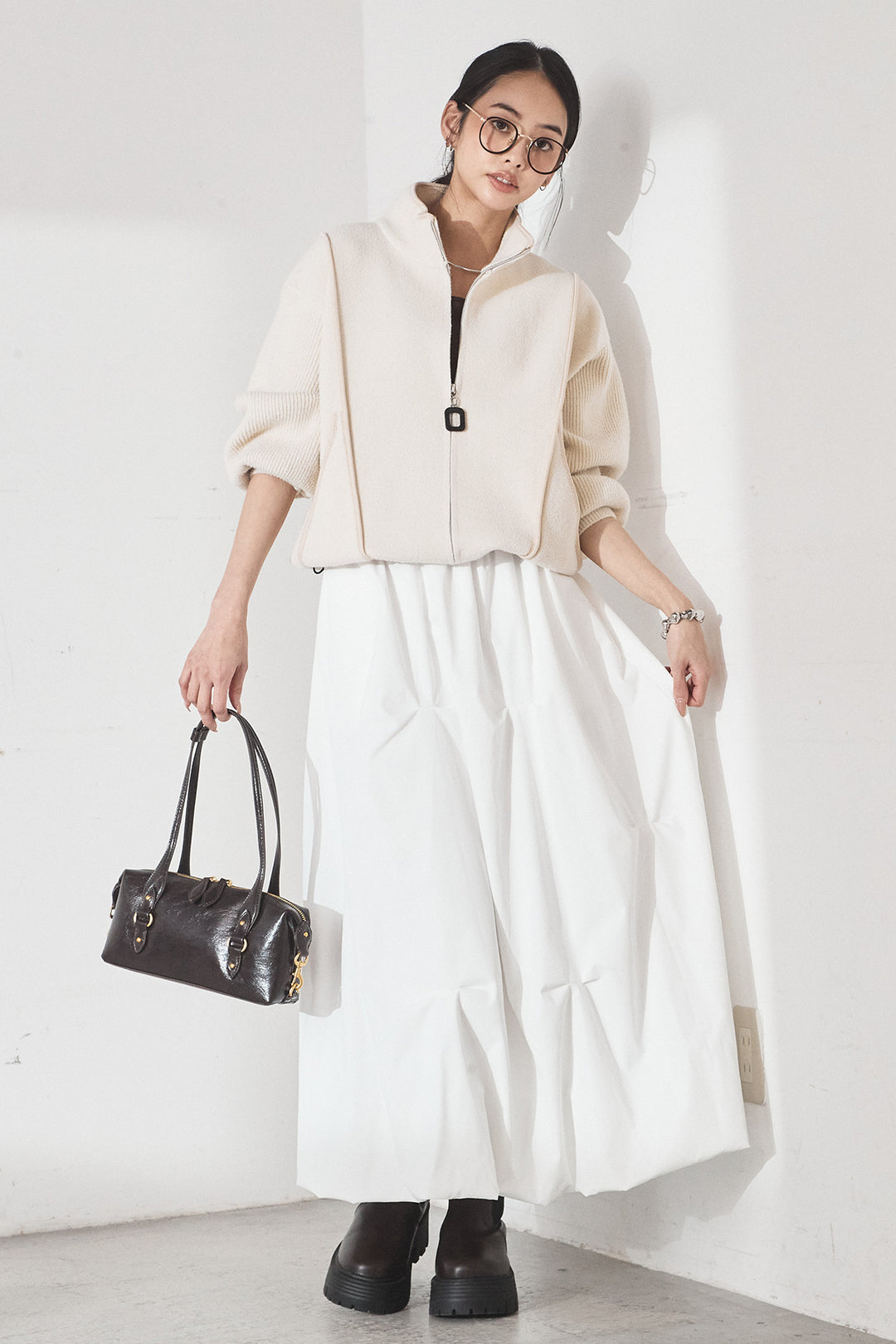 [SET]ハイネックパイピングデザインブルゾン+ランダムタックバルーンスカート(2set)