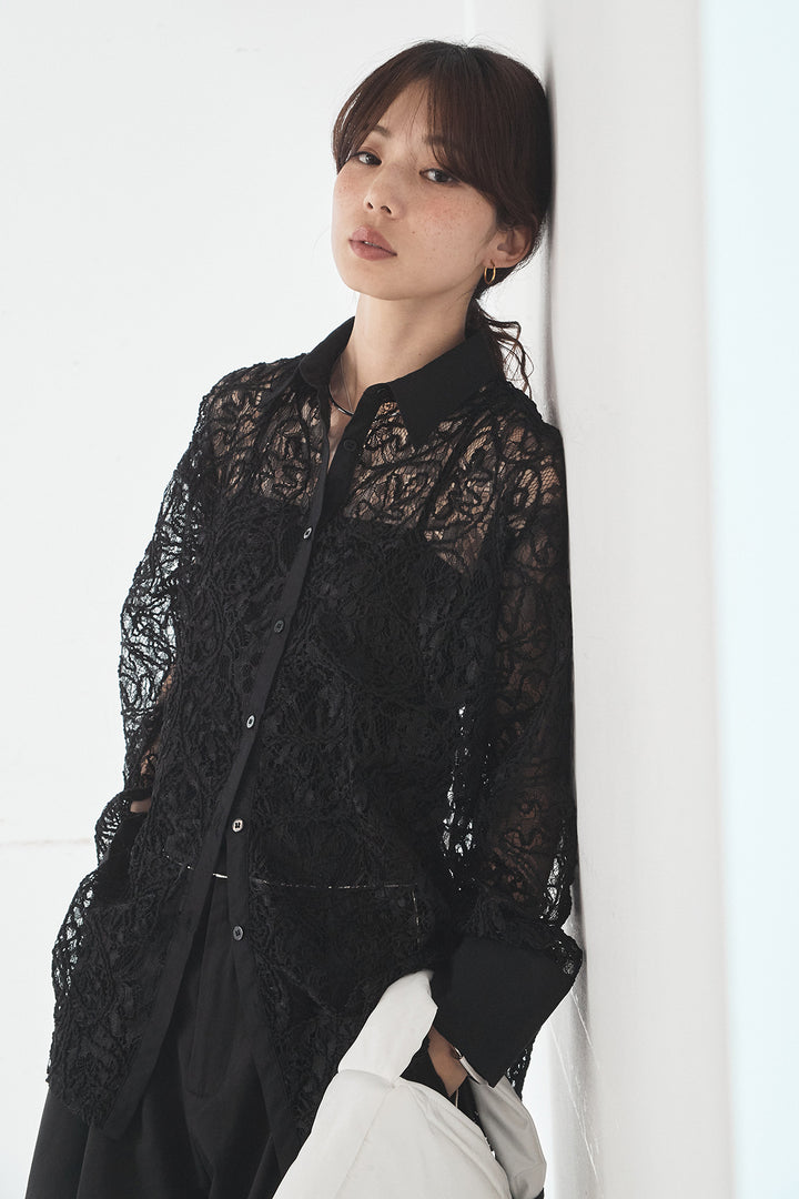 [SET]刺繍レースオーバーサイズシャツ+合繊ツイルパイピングタックカーブパンツ(2set)