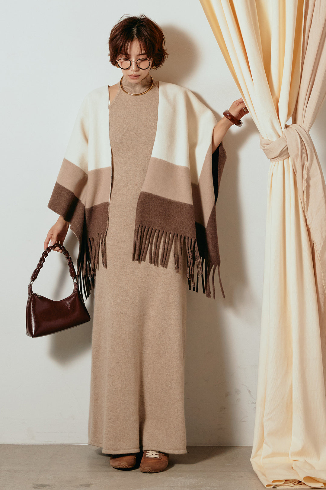 [SET]裾フリンジ柄ポンチョアウター+ノースリーブニットロングワンピース(2set)