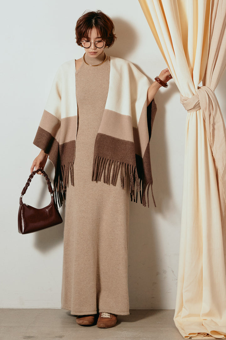 [SET]裾フリンジ柄ポンチョアウター+ノースリーブニットロングワンピース(2set)