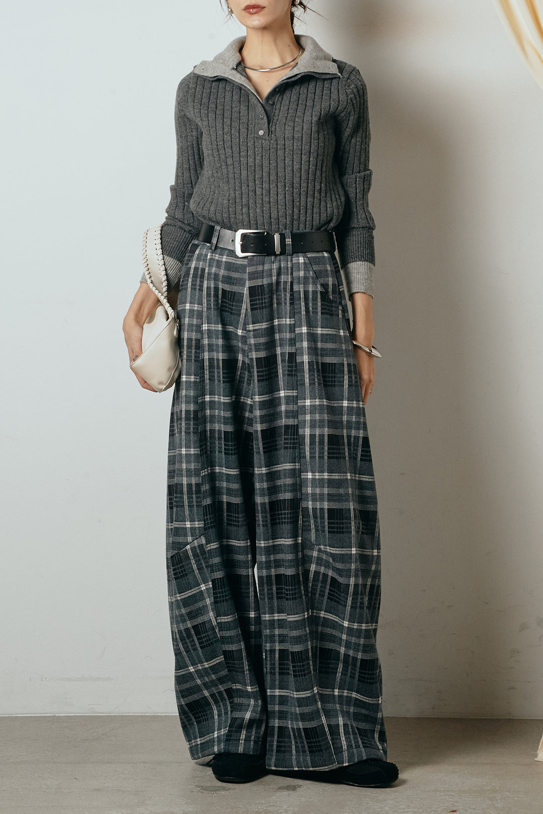 [SET]レイヤード風リブニットトップス+ベルト付きタータンチェックカーブワイドパンツ(2set)