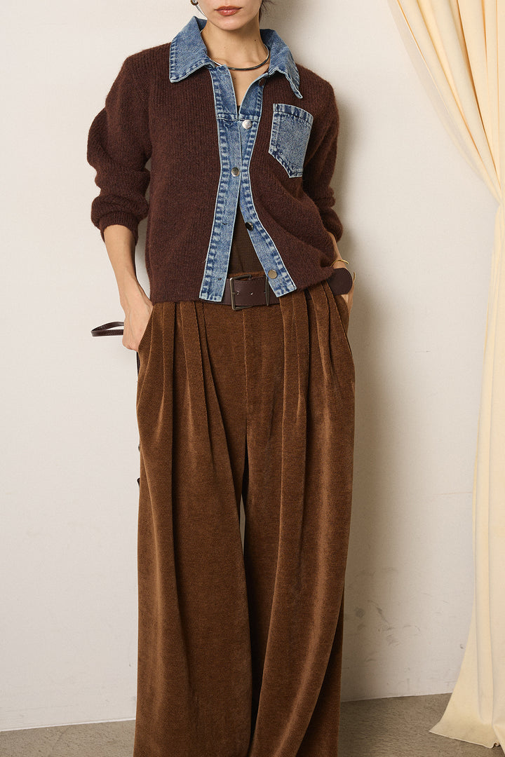 [SET]襟付きデニム切替ニットカーディガン+ベルトループコーデュロイワイドパンツ(2set)