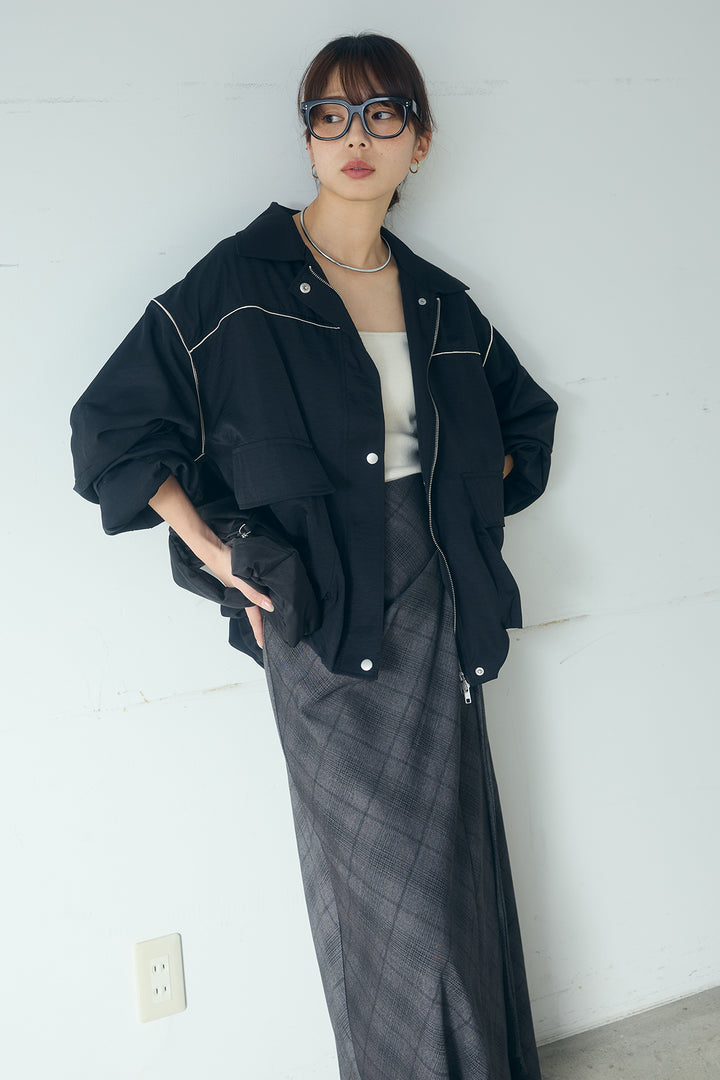 [SET]合繊ツイルバルーンジャケット+タータンチェック柄フロントデザインスカート(2set)