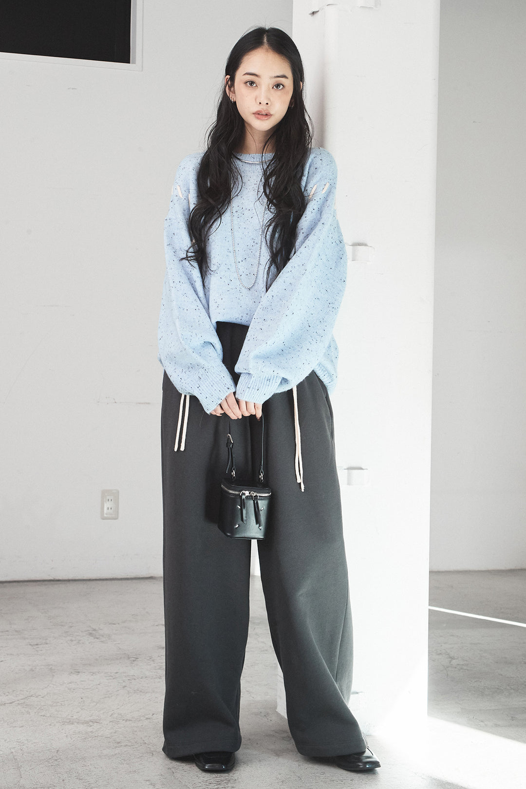 [SET]ネップ編み上げニットトップス+裏起毛スウェットワイドパンツ(2set)