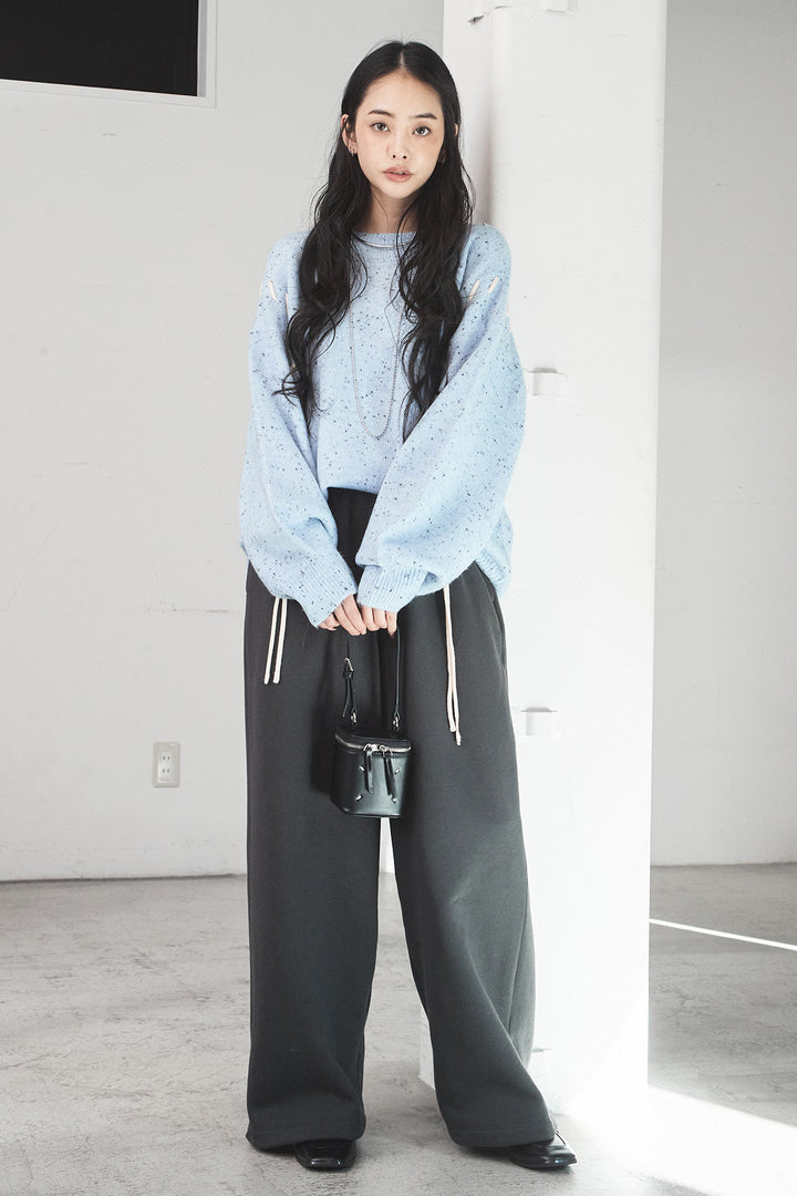 [SET]ネップ編み上げニットトップス+裏起毛スウェットワイドパンツ(2set)