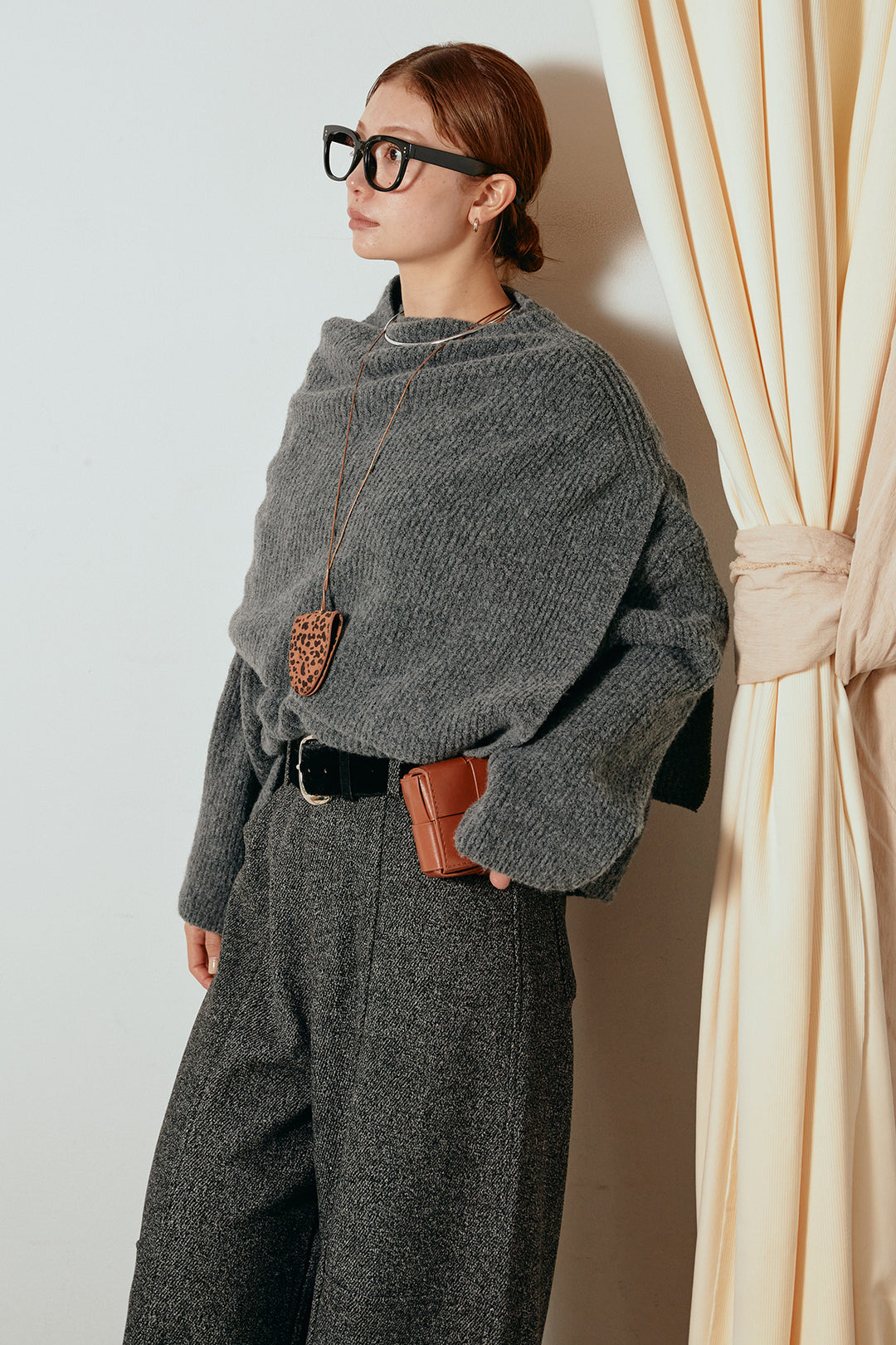 [SET]ケープデザインリブニットトップス+太ベルト付きツイードワイドパンツ(2set)