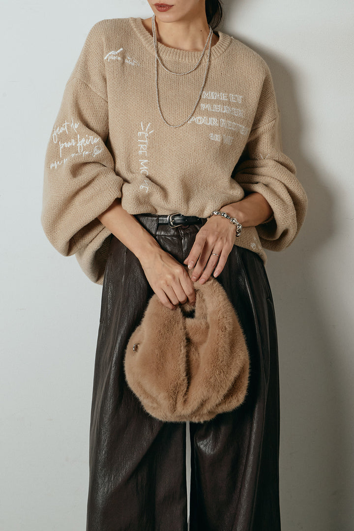 [SET]刺繍ロゴランダムデザインニットトップス+ベルト付きレザーライクタックパンツ(2set)