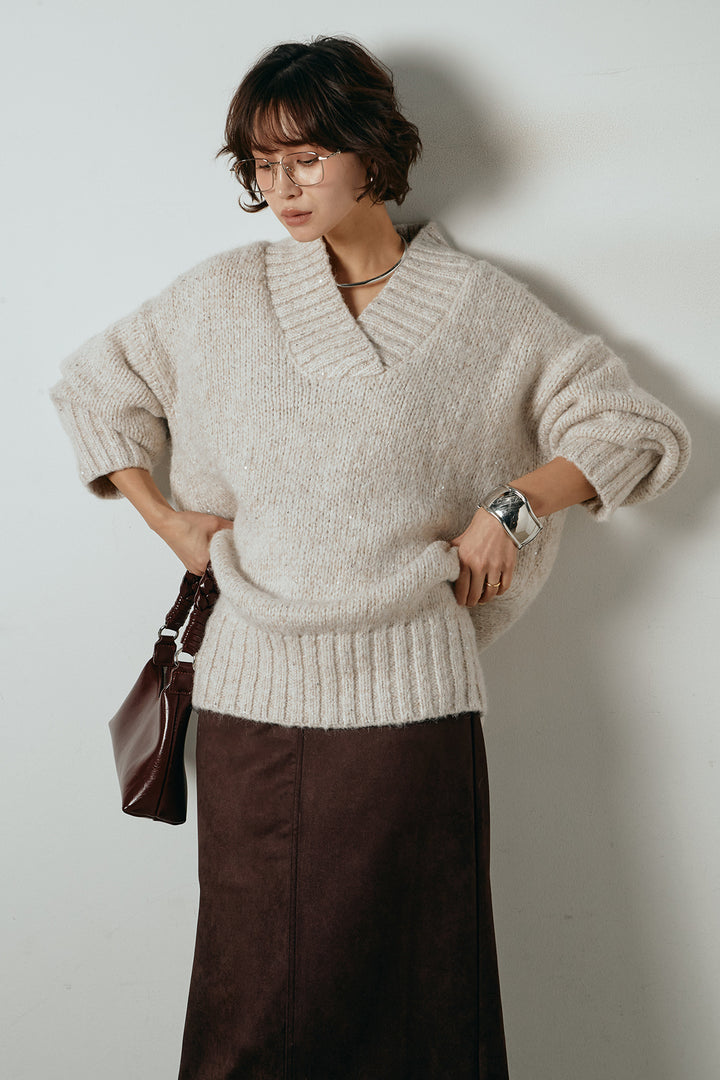 [SET]Vネックラメニットトップス+スウェードライク裾フリンジスカート(2set)