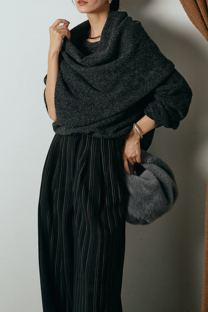 [SET]ネック巻きデザインニットトップス+タック入りマルチストライプ柄ワイドパンツ(2set)