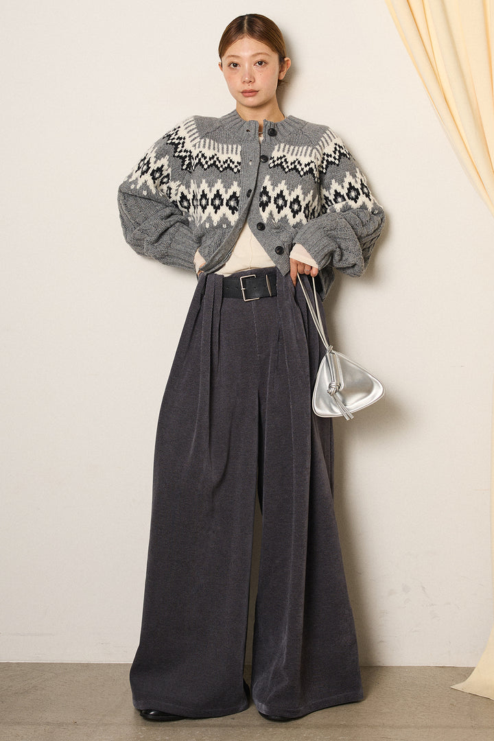[SET]2WAY求心柄ジャガードショートカーディガン+ベルトループコーデュロイワイドパンツ(2set)
