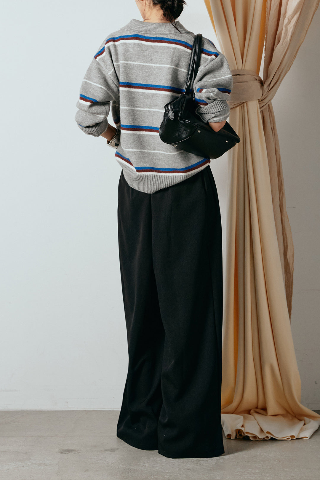 [SET]襟付きマルチボーダーニットポロトップス+ウエストステッチデザインワイドスラックス(2set)