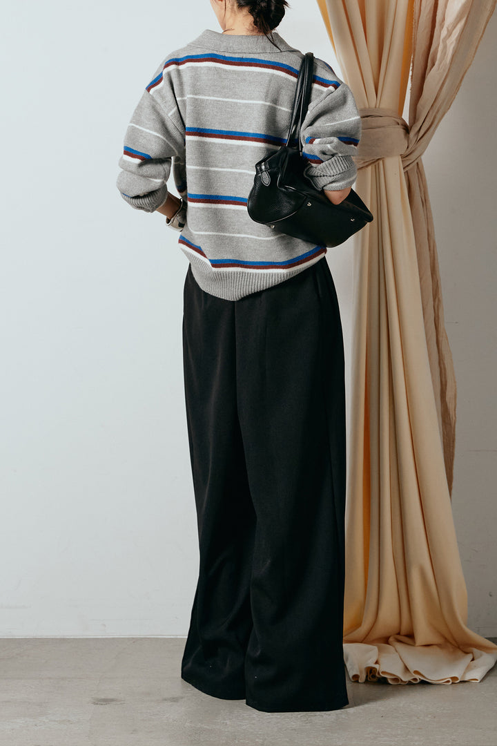 [SET]襟付きマルチボーダーニットポロトップス+ウエストステッチデザインワイドスラックス(2set)