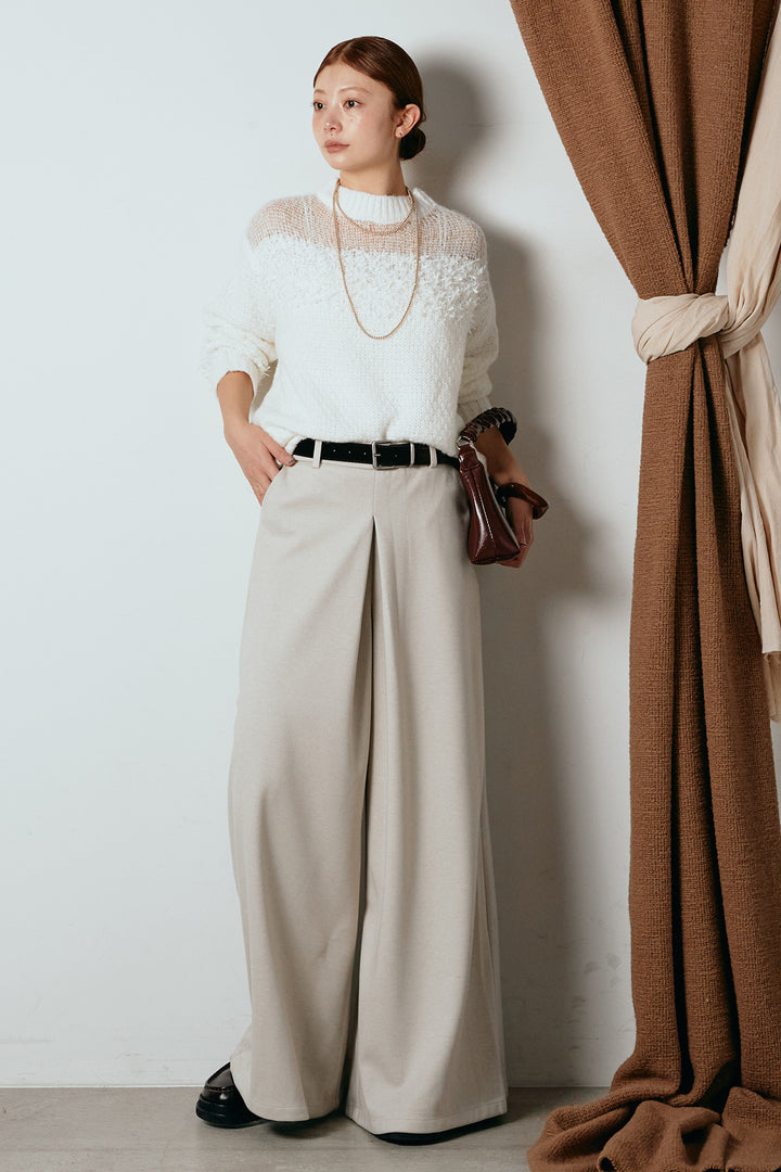 [SET]パターンランダム編みニットトップス+ベルト付きフロントタックデザインパンツ(2set)