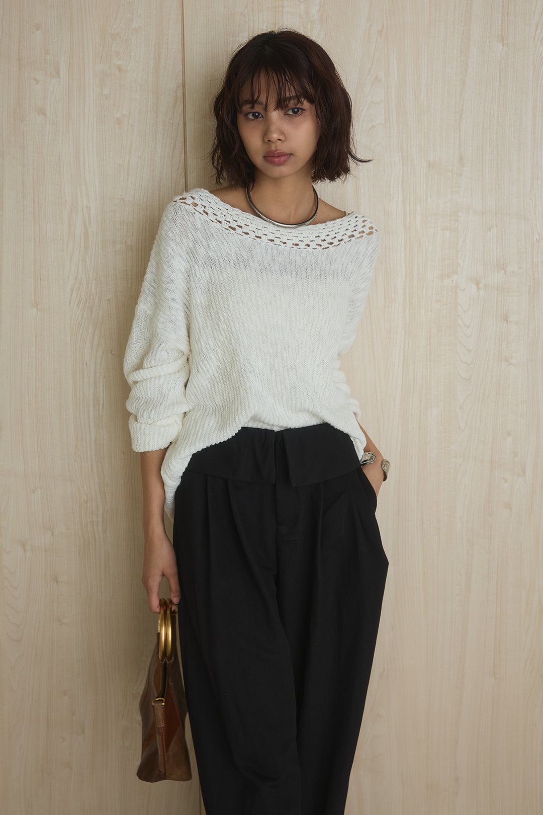 [SET]ネック編みデザインニットトップス+ウエスト折り返しワイドパンツ(2set)