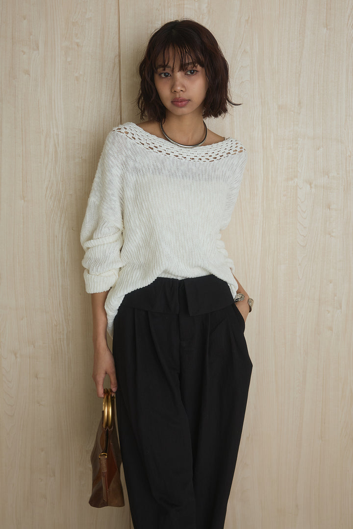 [SET]ネック編みデザインニットトップス+ウエスト折り返しワイドパンツ(2set)