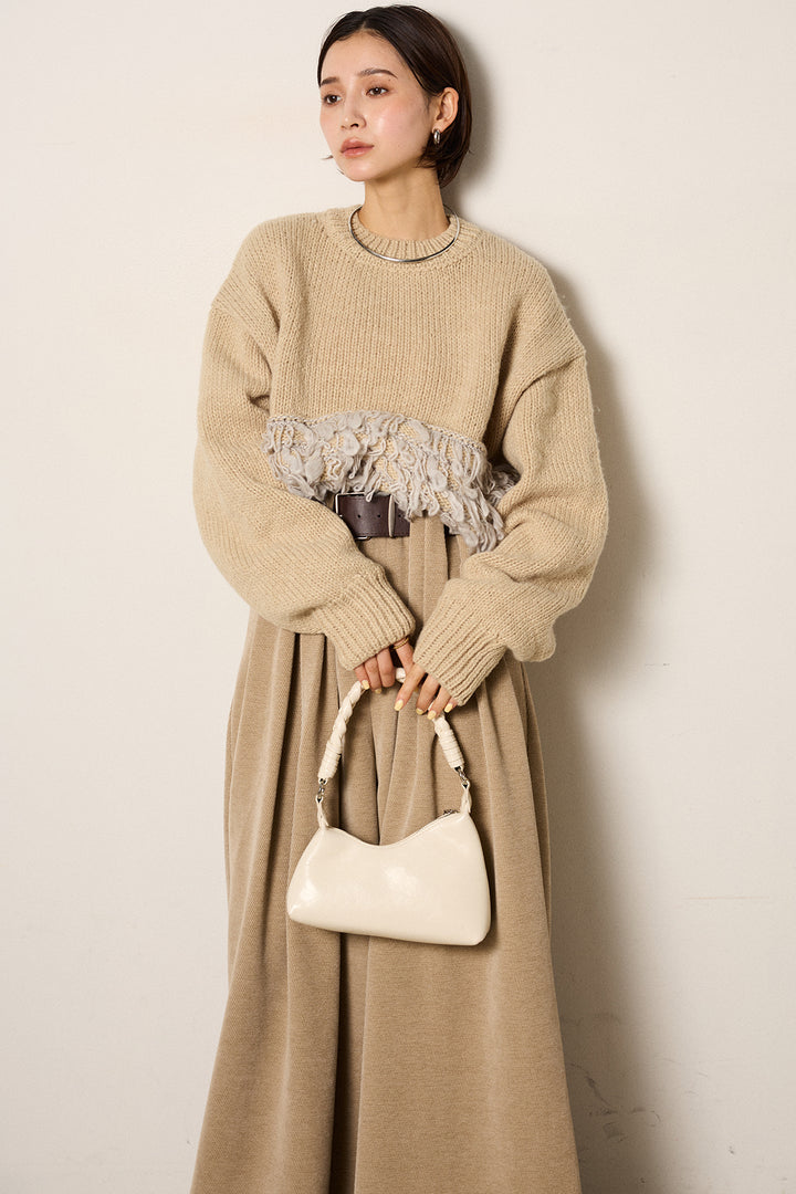 [SET]ループ編み切り替えニットプルオーバー+ベルトループコーデュロイワイドパンツ(2set)