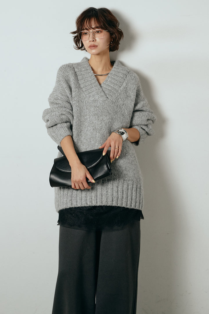 [SET]Vネックラメニットトップス+レース切り替えキャミソール(2set)