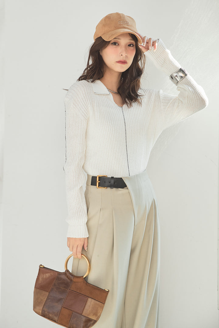 [SET]衿付きニットプルオーバー+サイドベルトタック入りスラックス(2set)