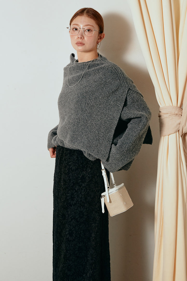 [SET]ケープデザインリブニットトップス+花柄刺繍ベロアフレアスカート(2set)