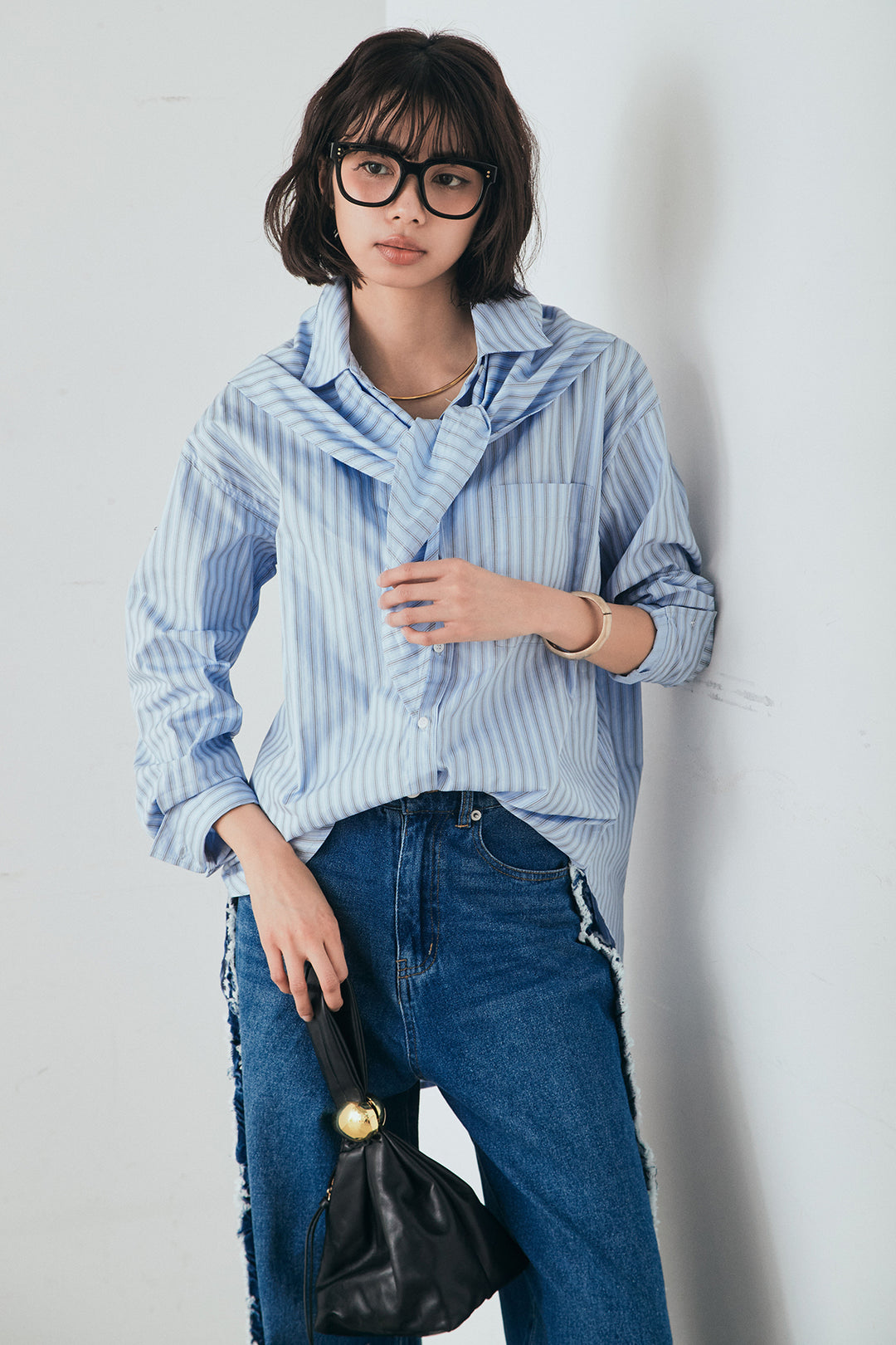 [SET]ランダムストライプスカーフ付きシャツ+デニムサイドフリルパンツ(2set)