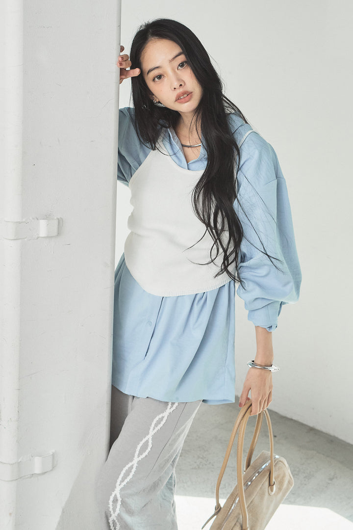 [SET]ニットキャミ付きシャツ+刺繡テープラインパンツ(2set)