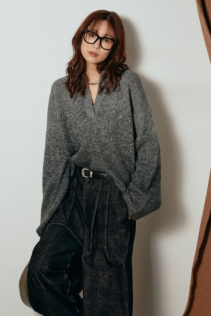 [SET]グラデーションラメニットキーネックプルオーバー+フロントタック入りコーデュロイパンツ(2set)