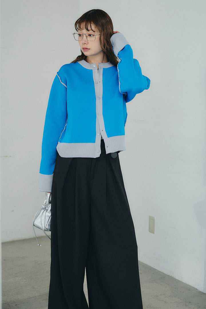 [SET]リバーシブル配色ニットカーディガン+ベルト付きツータックワイドパンツ(2set)