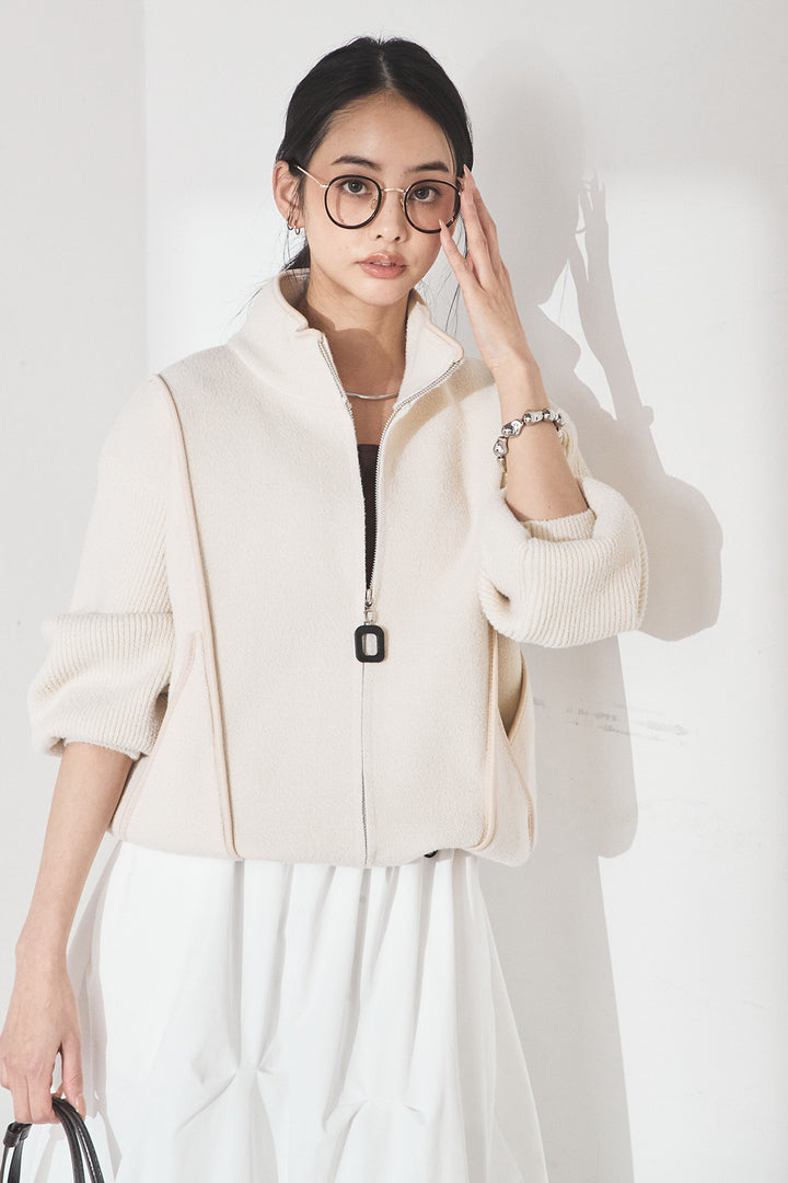 [SET]ハイネックパイピングデザインブルゾン+ランダムタックバルーンスカート(2set)