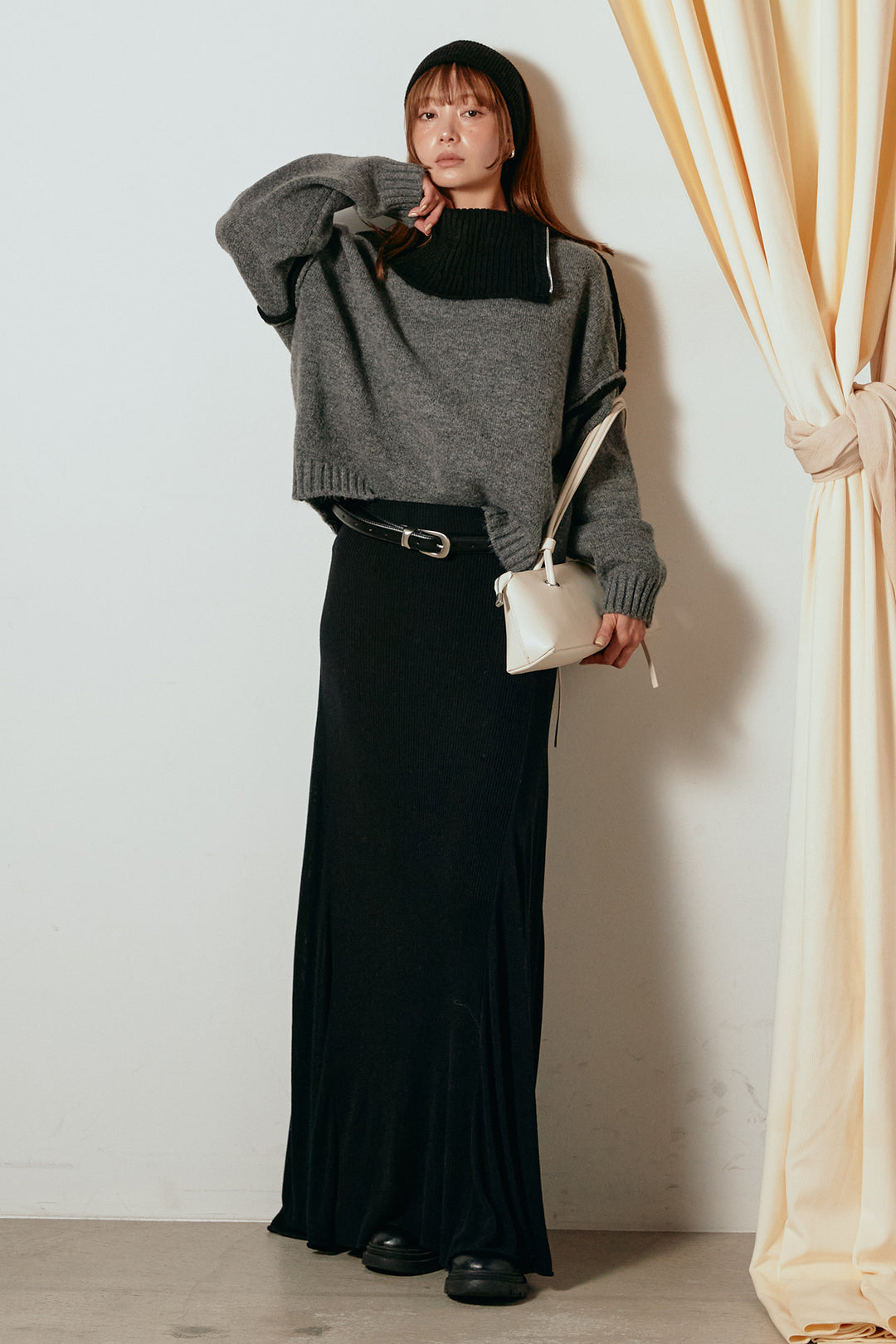 [SET]ハイネックジップデザインニットトップス+サイド切り替えリブニットロングスカート(2set)