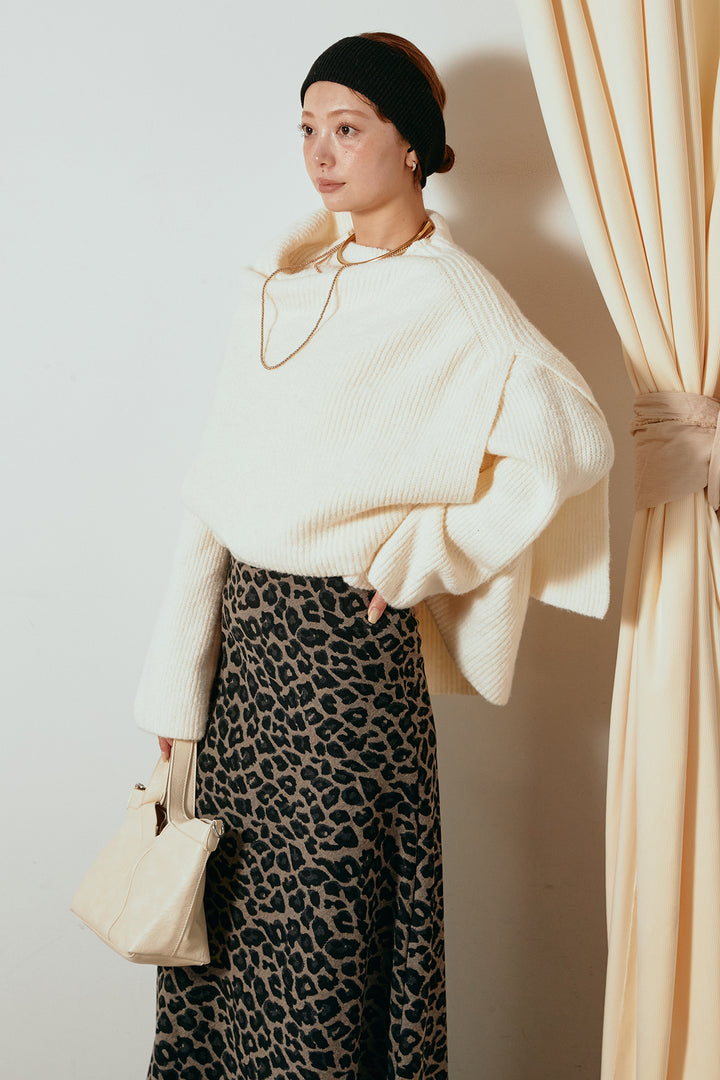 [SET]ケープデザインリブニットトップス+レオパードロングスカート(2set)