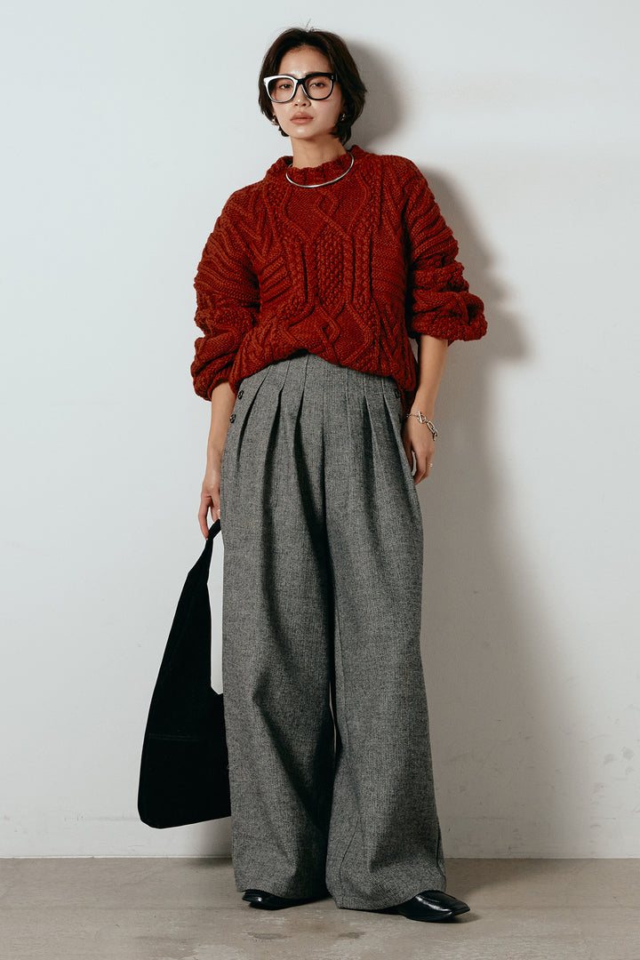 [SET]アラン柄ミックスケーブルニット+サイドボタンツイードタックパンツ(2set)