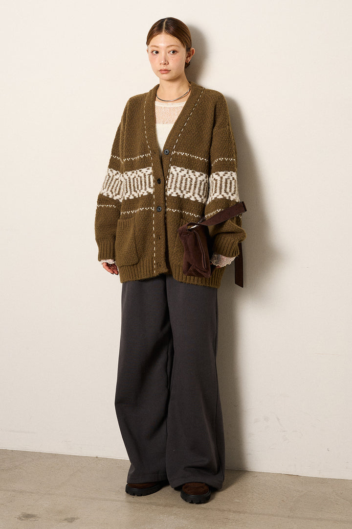 [SET]ライン柄ステッチニットカーディガン+2WAY袖コード刺繍クルーネックプルオーバー(2set)