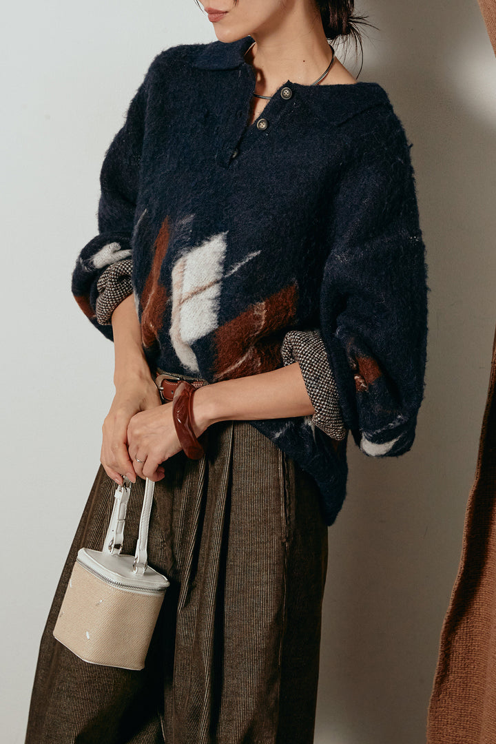 [SET]アーガイル柄ポロニットトップス+フロントタック入りコーデュロイパンツ(2set)