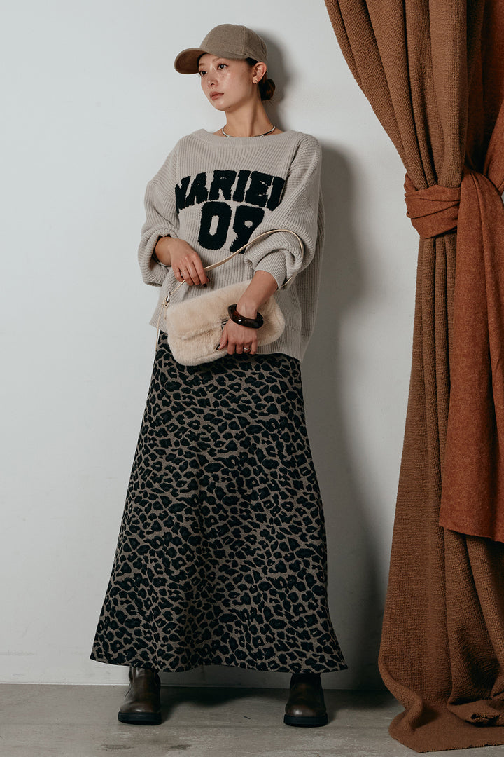 [SET]ロゴジャガードニットトップス+レオパードロングスカート(2set)