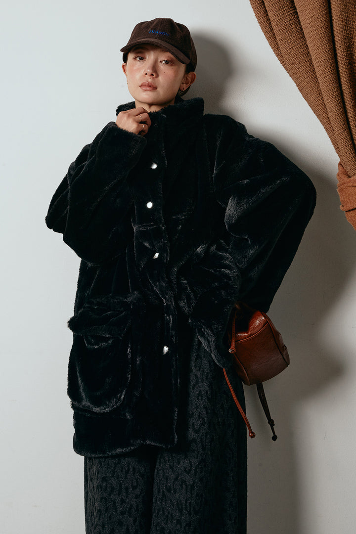 [SET]スタンドネックファーコート+レオパードジャガードニットパンツ(2set)