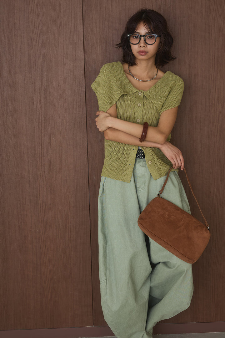 [SET]ビッグカラーボタンニットトップス+ベルト付きカラーデニムパンツ(2set)