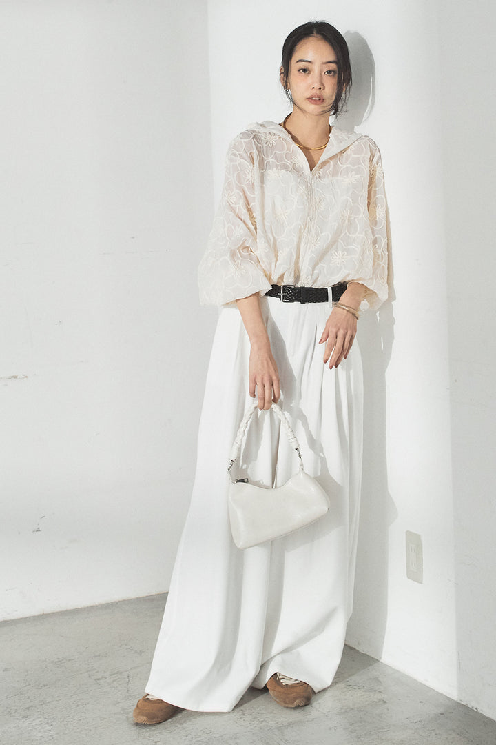 [SET]シアーフラワーフードブルゾン+編みベルト付きウエストタックワイドパンツ(2set)