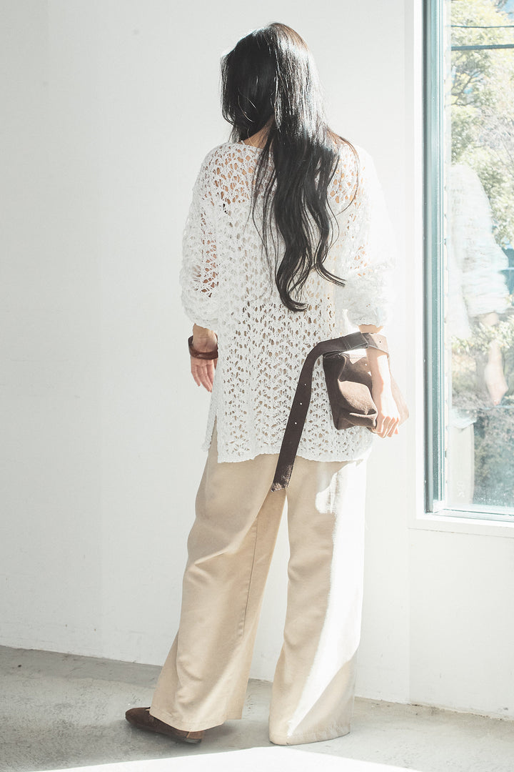 [SET]リラックスメッシュニットトップス+刺繡テープラインパンツ(2set)