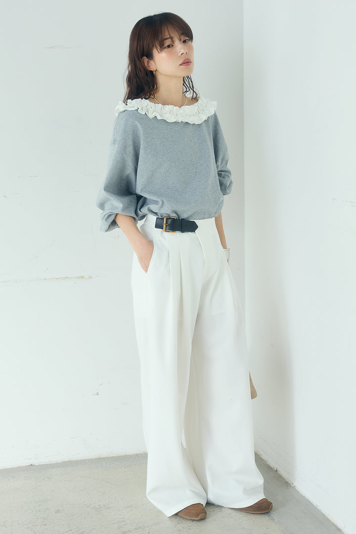 [SET]ネックギャザーフリルスウェット+サイドベルトタック入りスラックス(2set)