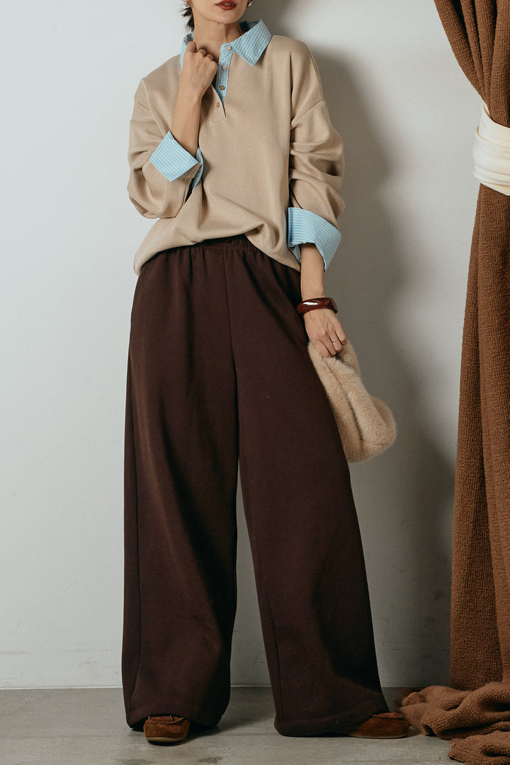 [SET]ストライプシャツドッキングポロトップス+裏起毛スウェットワイドパンツ(2set)