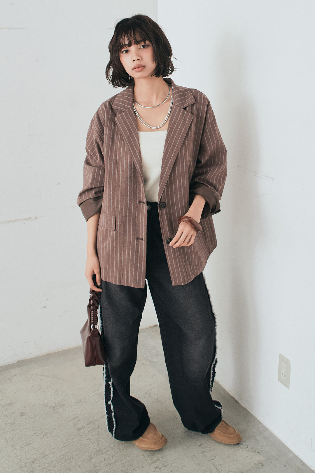 [SET]リネンライクストライプテーラードジャケット+デニムサイドフリルパンツ(2set)