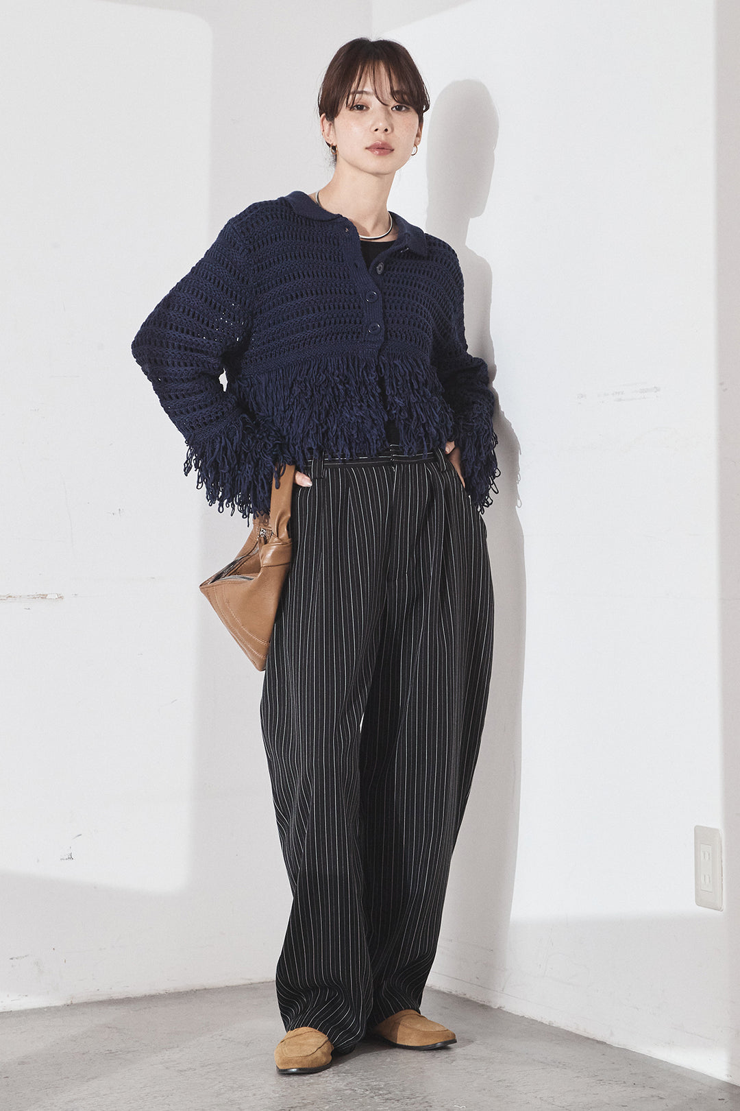 [SET]メッシュフリンジカーディガン+ヘリンボーンストライプツータックパンツ(2set)