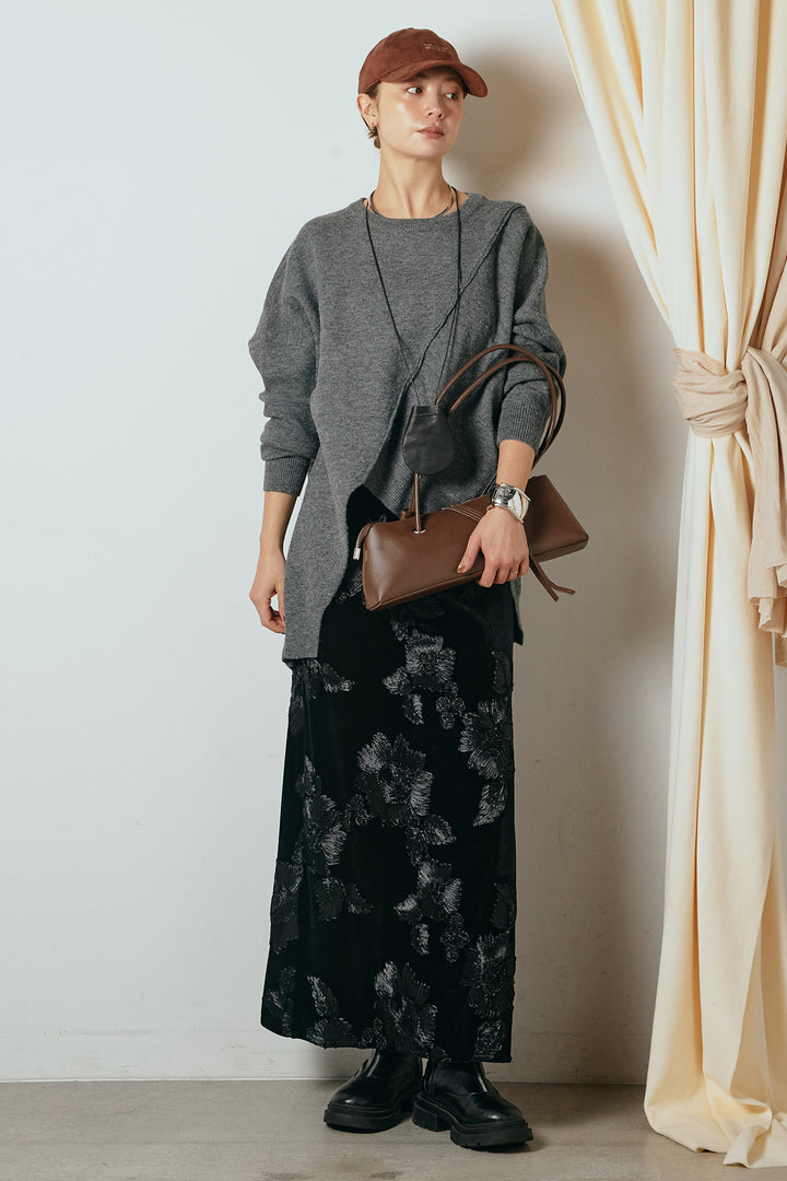 [SET]アシンメトリーデザインニットトップス+フラワー刺繍ワイドスカート(2set)