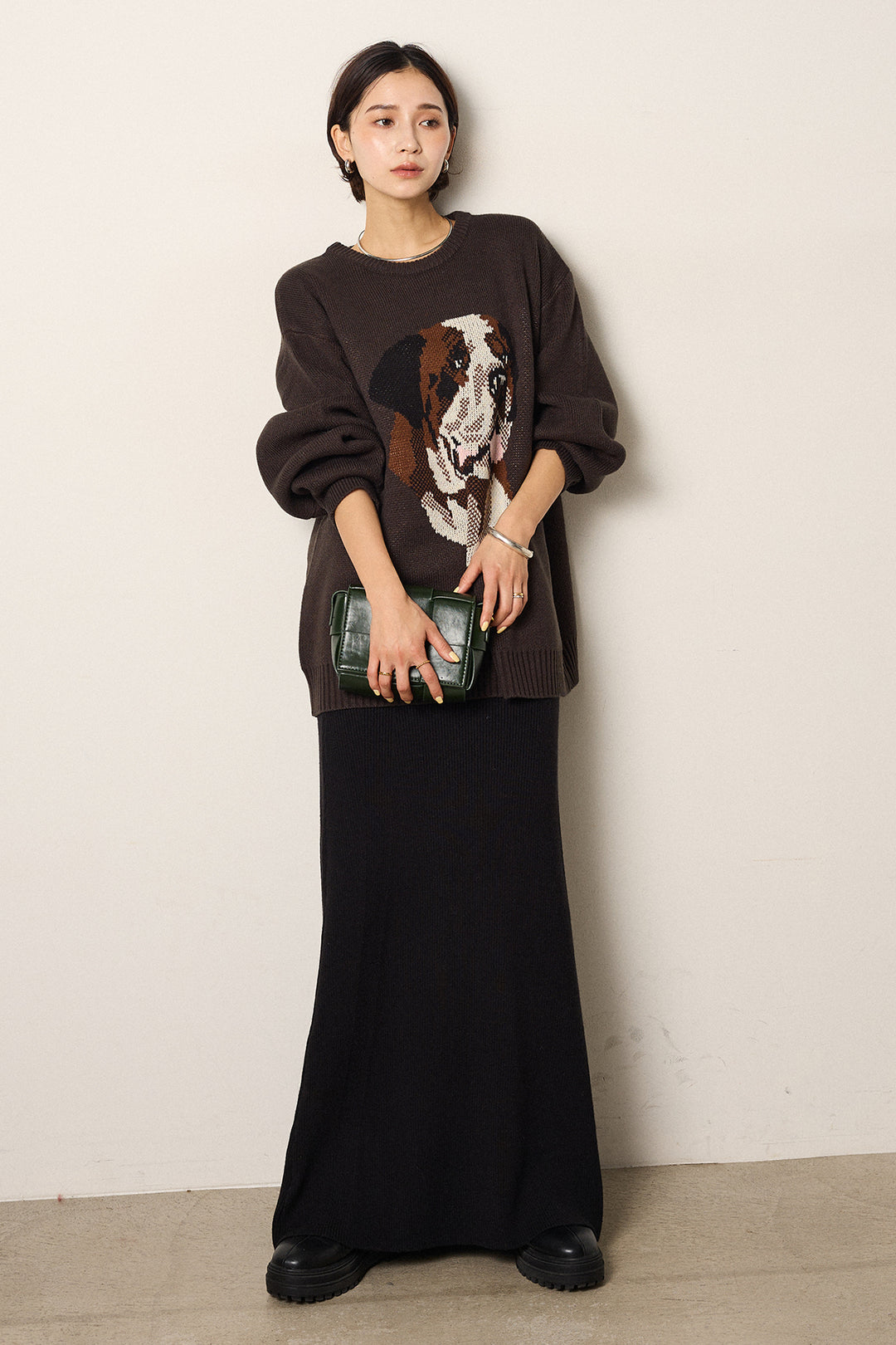 [SET]アニマルジャガード柄ニットトップス+リブナローニットスカート(2set)