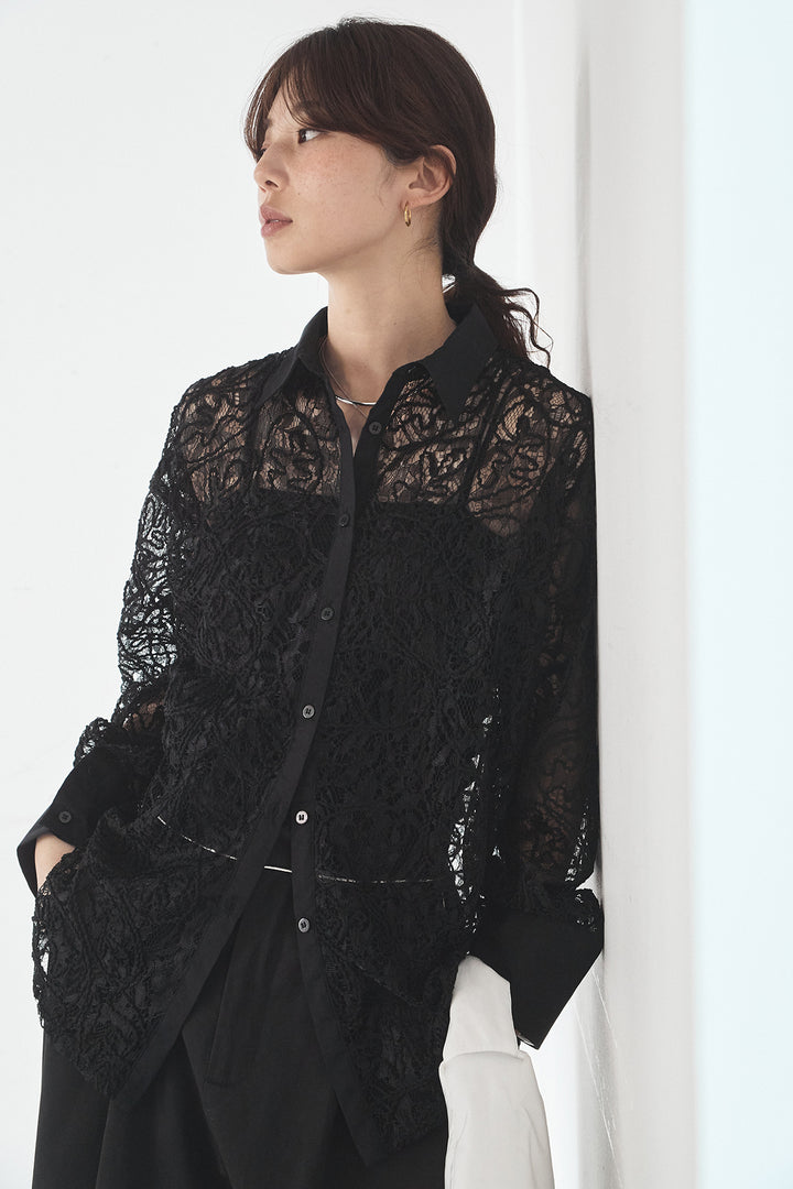 [SET]刺繍レースオーバーサイズシャツ+合繊ツイルパイピングタックカーブパンツ(2set)