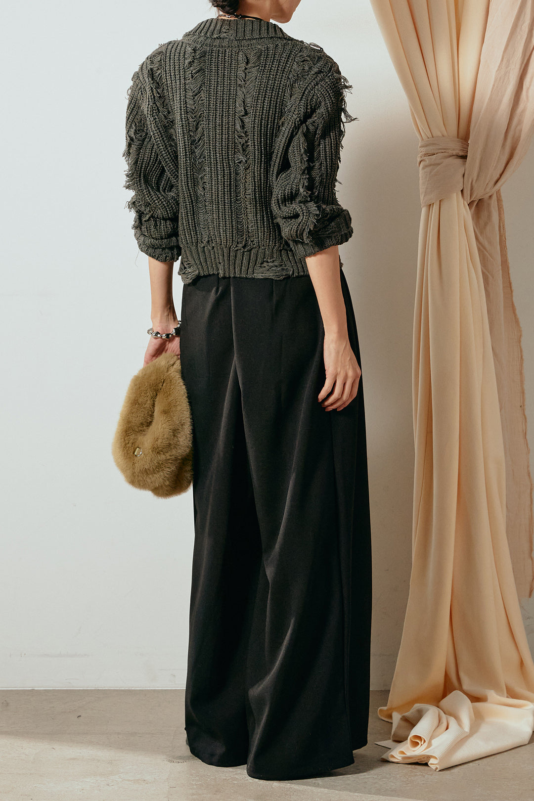 [SET]ハイネックフリンジジップニットトップス+ウエストステッチデザインワイドスラックス(2set)
