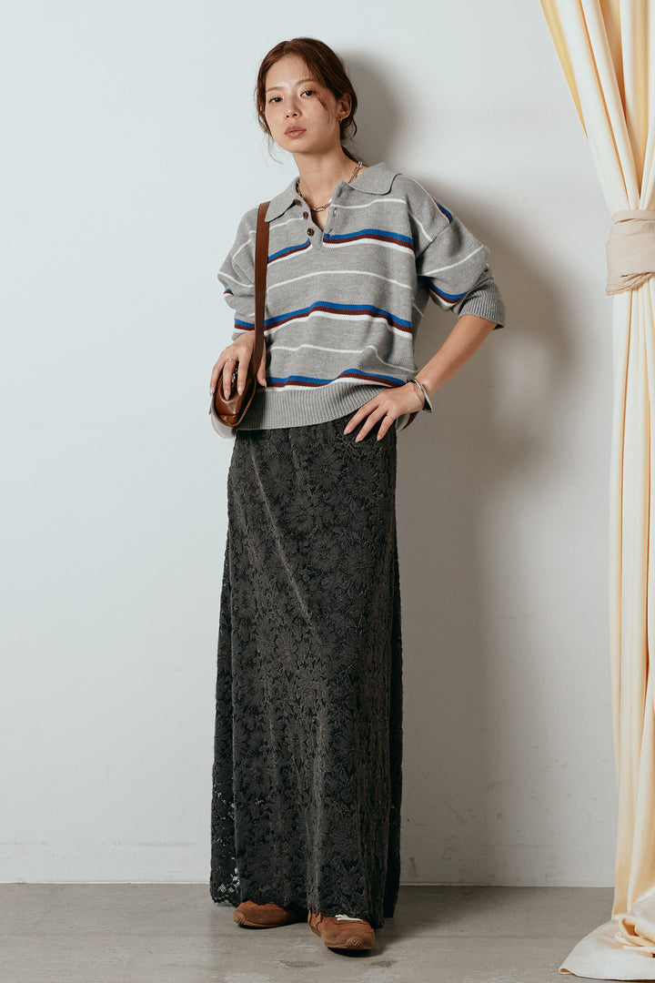 [SET]襟付きマルチボーダーニットポロトップス+花柄刺繍ベロアフレアスカート(2set)